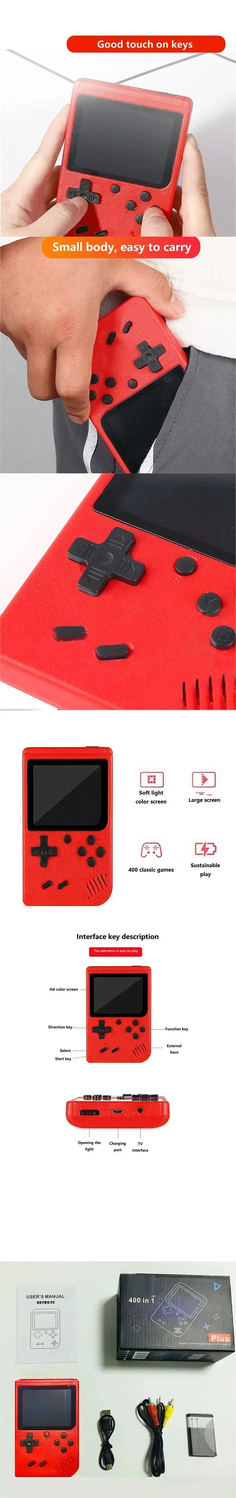 Red Retro Handheld Game Console β 400 Classic Games, Rechargeable, TV-Connectable