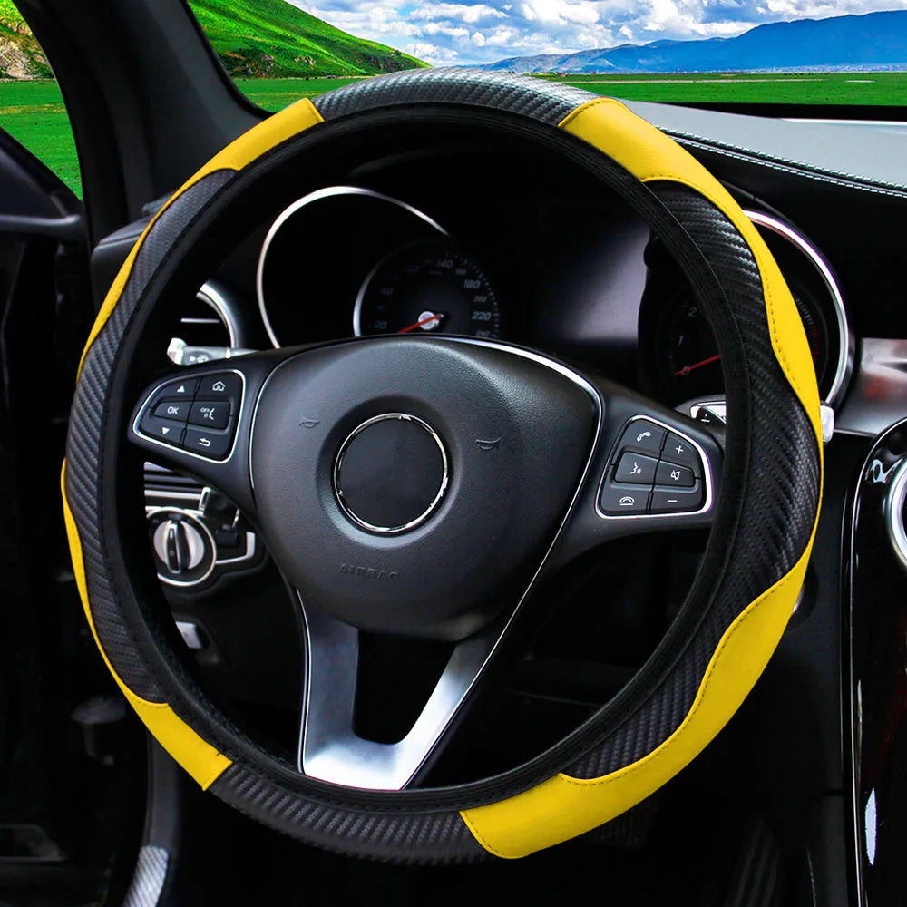 PU Carbon Fiber Leather Steering Wheel Cover – Universal 14.5–15 Inch Non-Slip Auto Interior Accessory