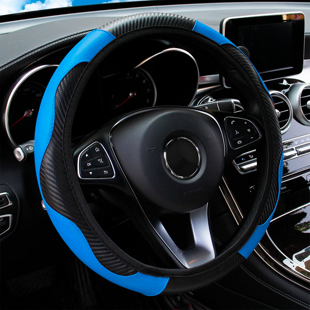 PU Carbon Fiber Leather Steering Wheel Cover – Universal 14.5–15 Inch Non-Slip Auto Interior Accessory