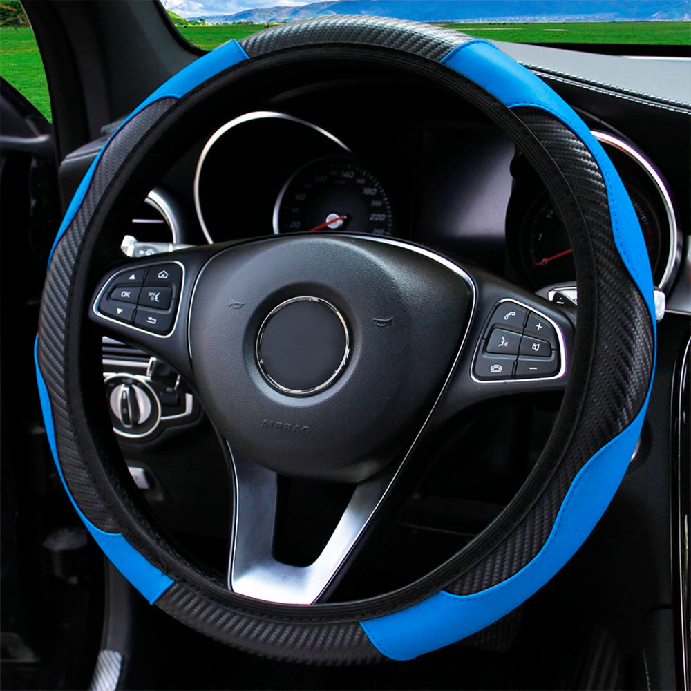 PU Carbon Fiber Leather Steering Wheel Cover – Universal 14.5–15 Inch Non-Slip Auto Interior Accessory