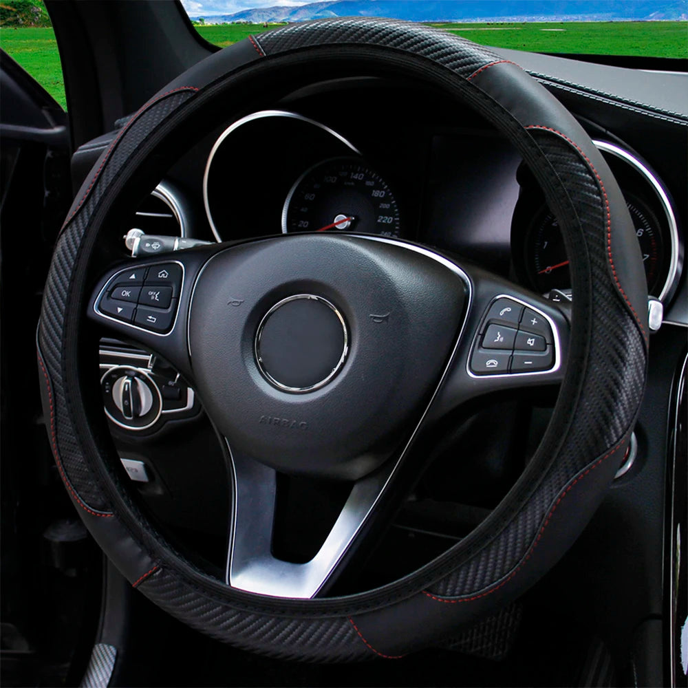 PU Carbon Fiber Leather Steering Wheel Cover – Universal 14.5–15 Inch Non-Slip Auto Interior Accessory