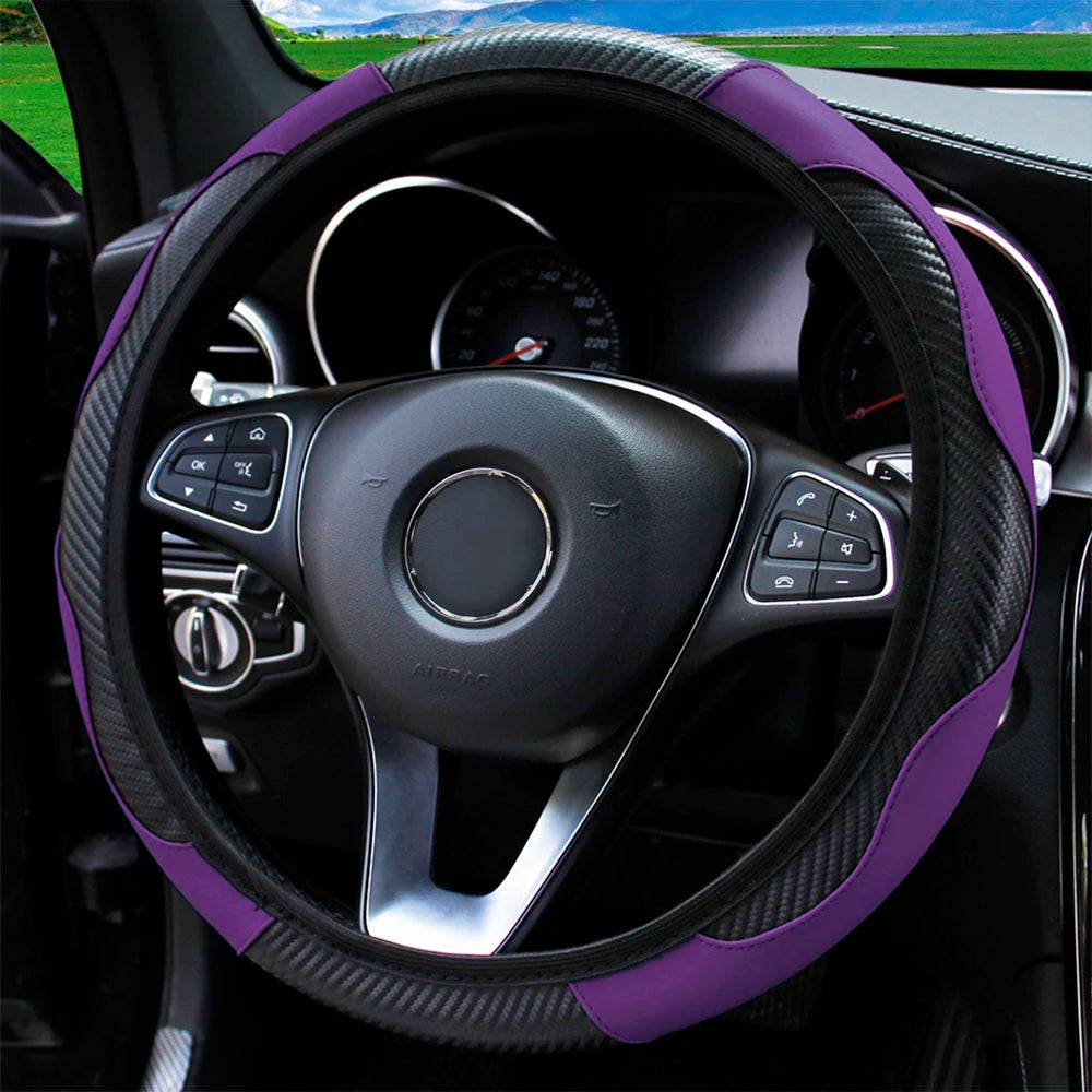 PU Carbon Fiber Leather Steering Wheel Cover – Universal 14.5–15 Inch Non-Slip Auto Interior Accessory