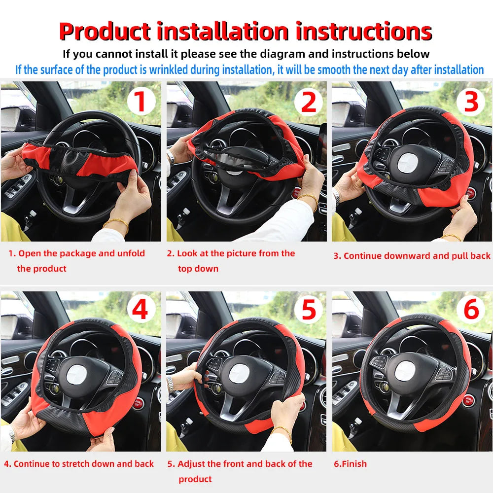 PU Carbon Fiber Leather Steering Wheel Cover – Universal 14.5–15 Inch Non-Slip Auto Interior Accessory