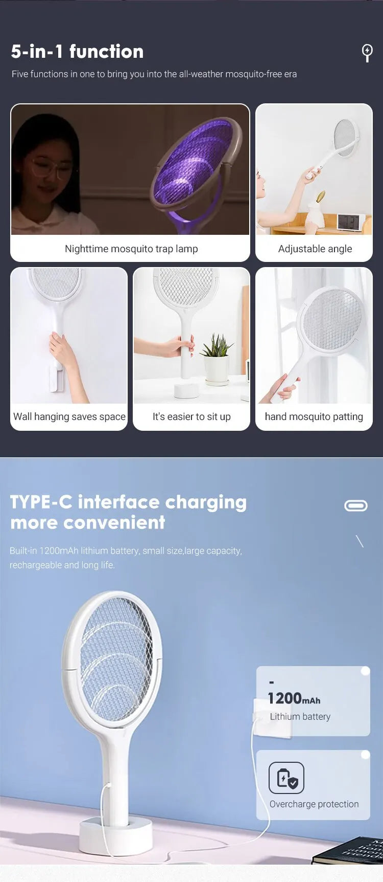 5-in-1 Electric Mosquito Swatter – Battery-Powered Fly & Bug Zapper Lamp