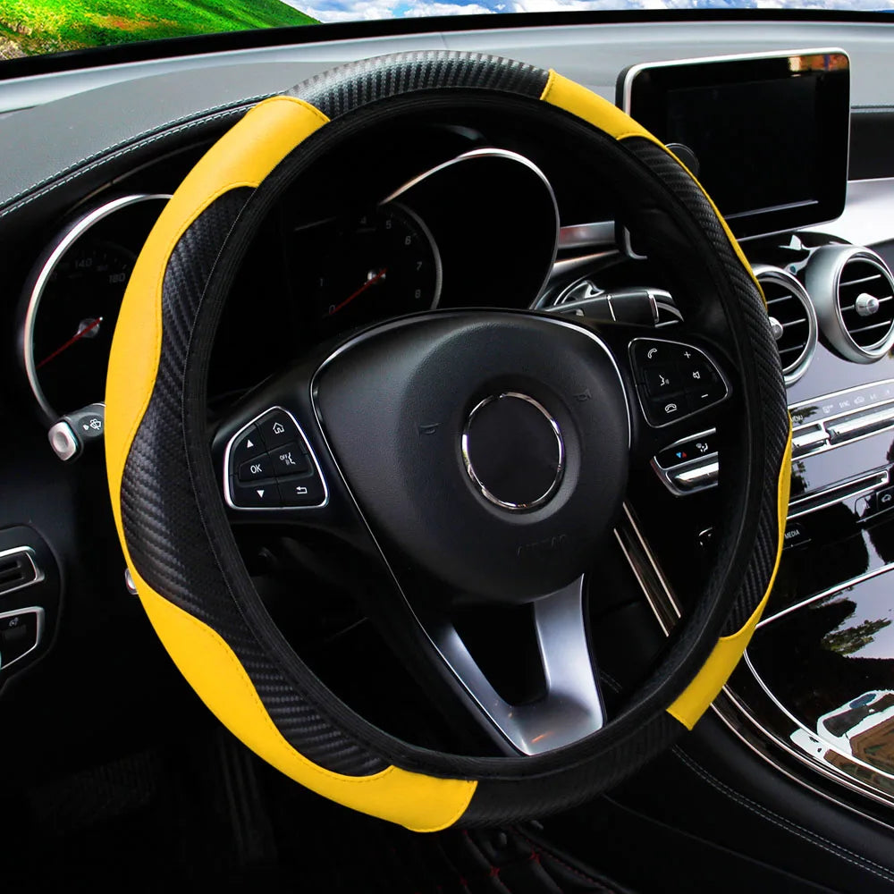 PU Carbon Fiber Leather Steering Wheel Cover – Universal 14.5–15 Inch Non-Slip Auto Interior Accessory
