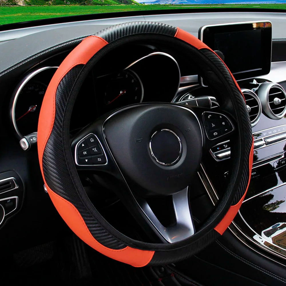 PU Carbon Fiber Leather Steering Wheel Cover – Universal 14.5–15 Inch Non-Slip Auto Interior Accessory