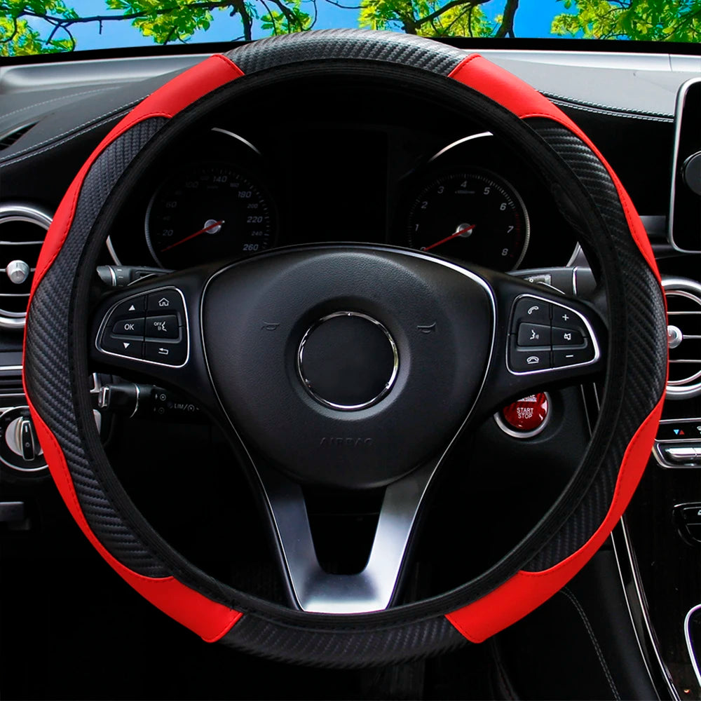 PU Carbon Fiber Leather Steering Wheel Cover – Universal 14.5–15 Inch Non-Slip Auto Interior Accessory
