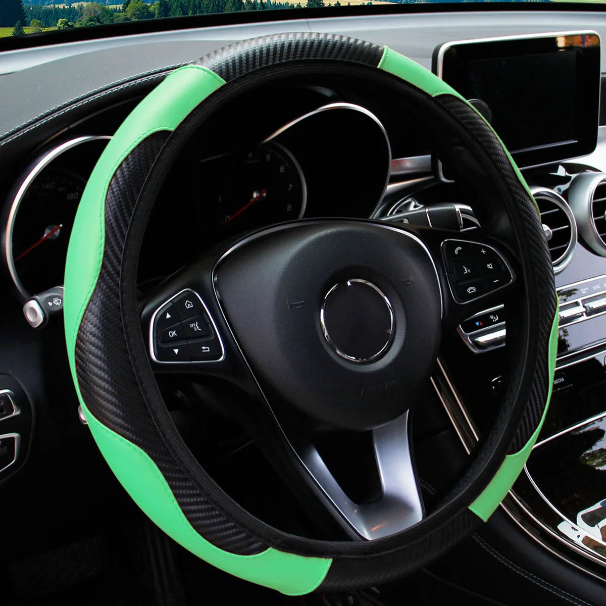 PU Carbon Fiber Leather Steering Wheel Cover – Universal 14.5–15 Inch Non-Slip Auto Interior Accessory