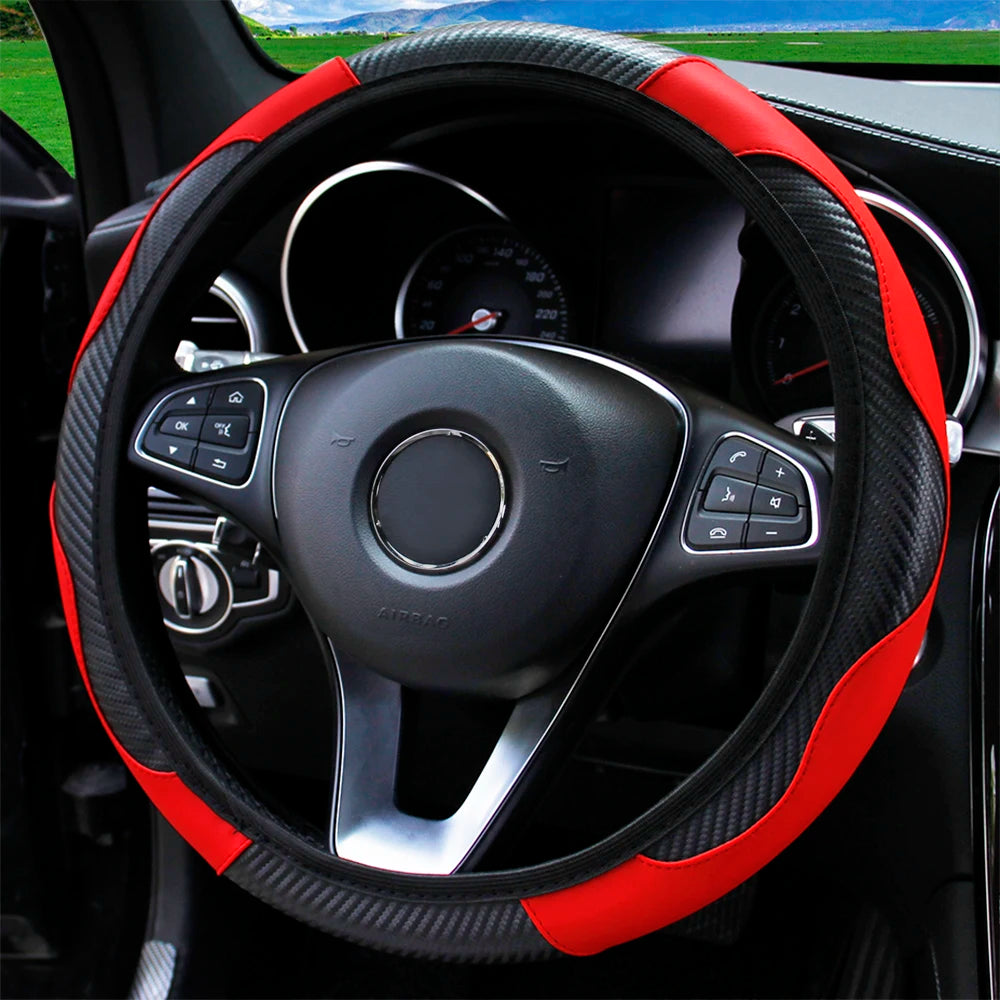 PU Carbon Fiber Leather Steering Wheel Cover – Universal 14.5–15 Inch Non-Slip Auto Interior Accessory