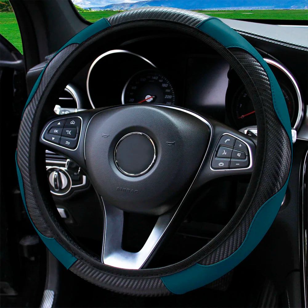 PU Carbon Fiber Leather Steering Wheel Cover – Universal 14.5–15 Inch Non-Slip Auto Interior Accessory