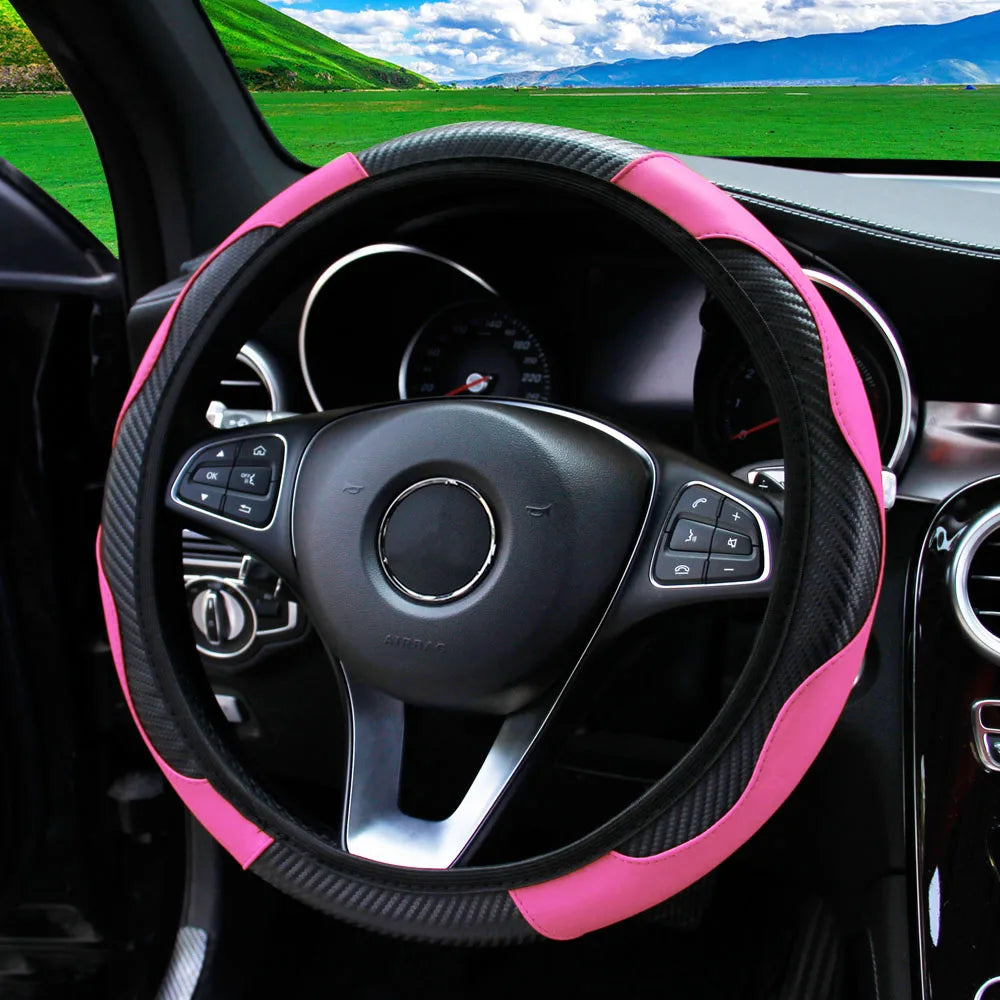 PU Carbon Fiber Leather Steering Wheel Cover – Universal 14.5–15 Inch Non-Slip Auto Interior Accessory