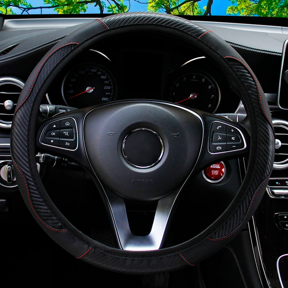 PU Carbon Fiber Leather Steering Wheel Cover – Universal 14.5–15 Inch Non-Slip Auto Interior Accessory