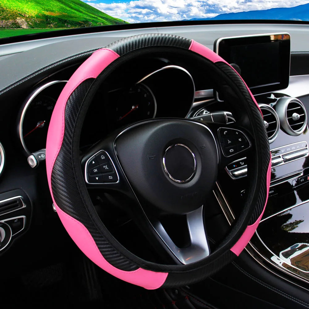 PU Carbon Fiber Leather Steering Wheel Cover – Universal 14.5–15 Inch Non-Slip Auto Interior Accessory
