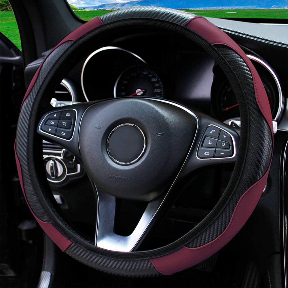 PU Carbon Fiber Leather Steering Wheel Cover – Universal 14.5–15 Inch Non-Slip Auto Interior Accessory