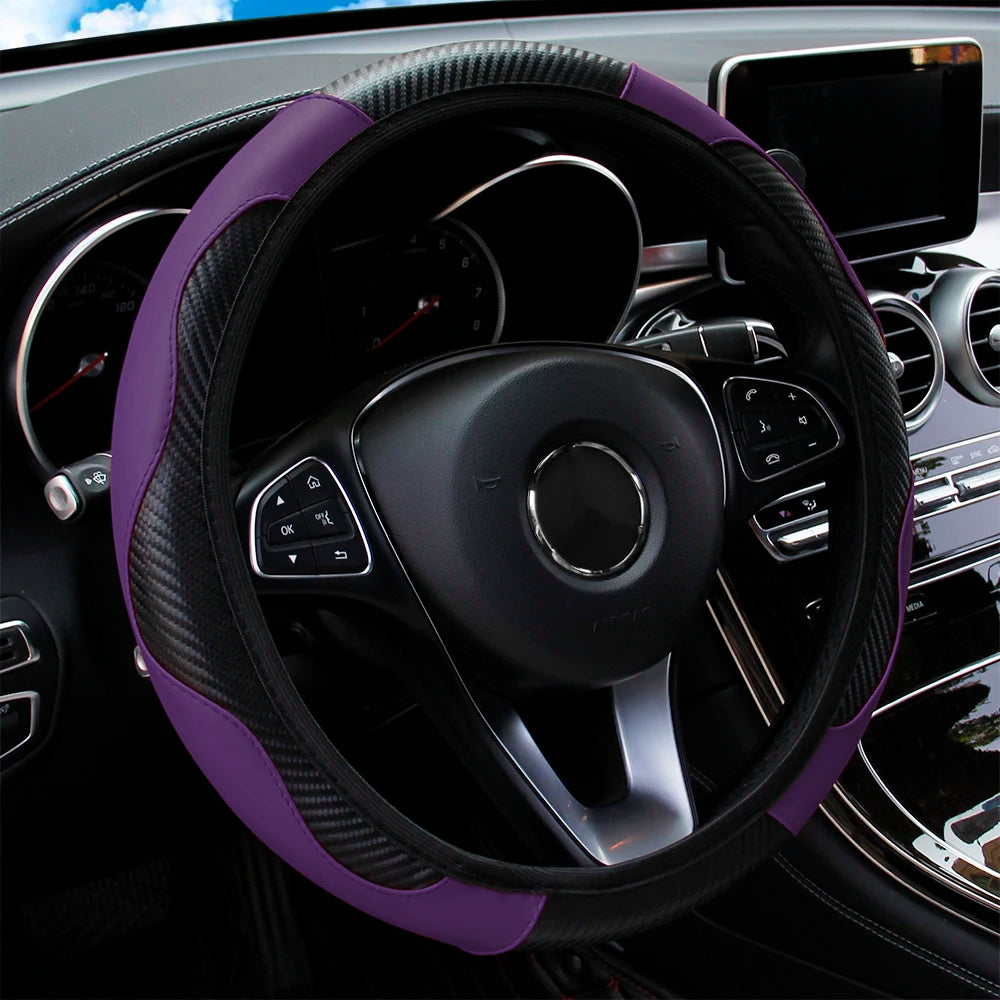 PU Carbon Fiber Leather Steering Wheel Cover – Universal 14.5–15 Inch Non-Slip Auto Interior Accessory