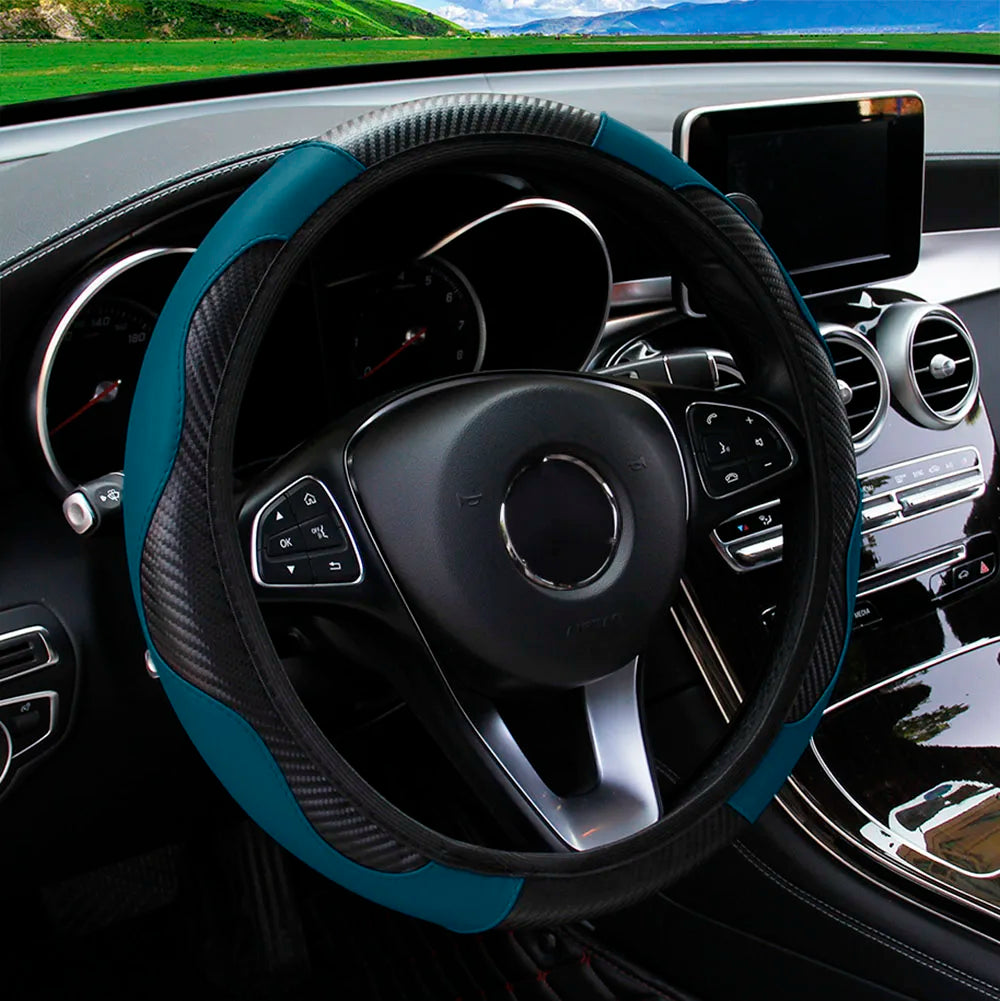 PU Carbon Fiber Leather Steering Wheel Cover – Universal 14.5–15 Inch Non-Slip Auto Interior Accessory