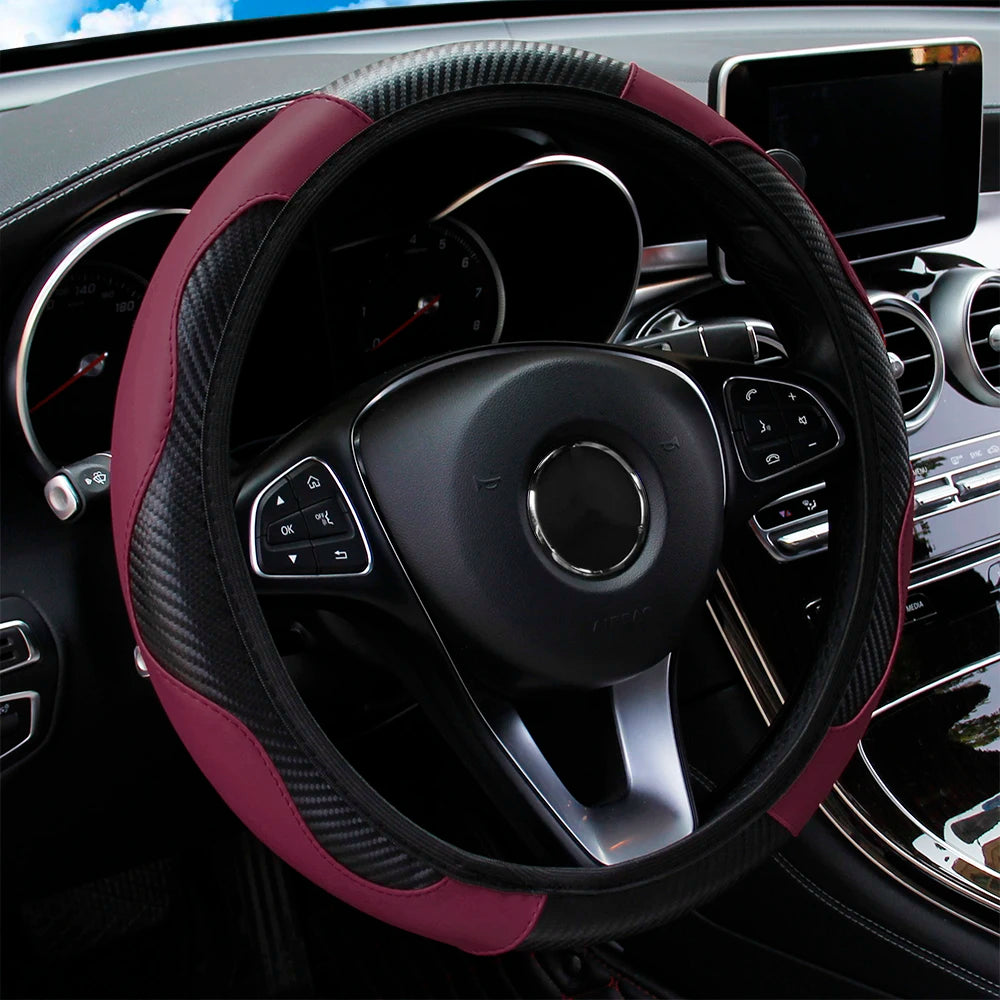PU Carbon Fiber Leather Steering Wheel Cover – Universal 14.5–15 Inch Non-Slip Auto Interior Accessory