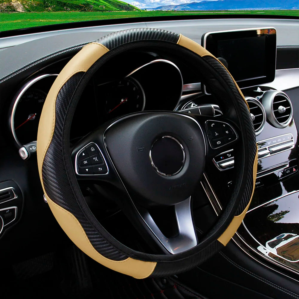 PU Carbon Fiber Leather Steering Wheel Cover – Universal 14.5–15 Inch Non-Slip Auto Interior Accessory