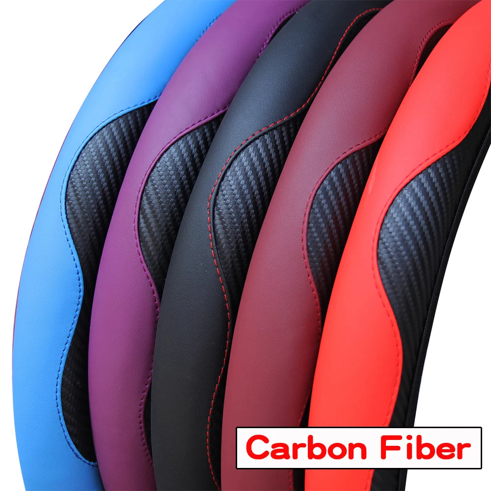 PU Carbon Fiber Leather Steering Wheel Cover – Universal 14.5–15 Inch Non-Slip Auto Interior Accessory