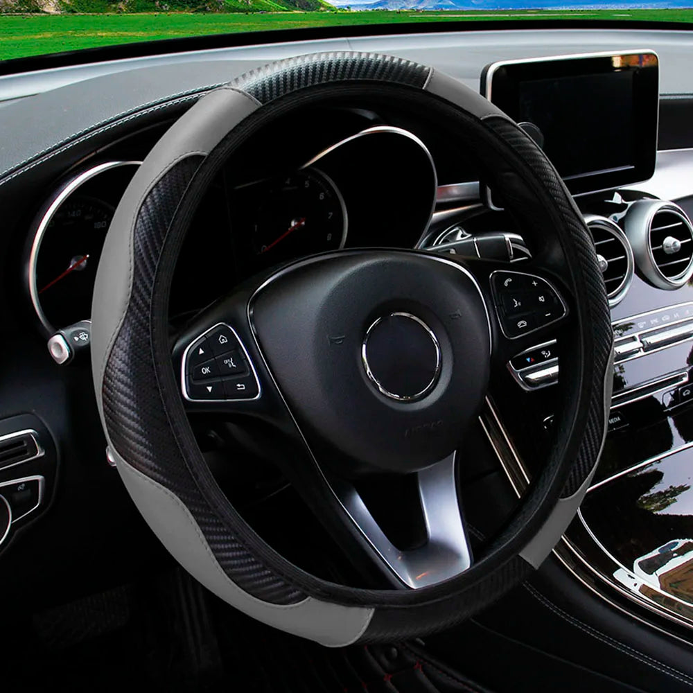 PU Carbon Fiber Leather Steering Wheel Cover – Universal 14.5–15 Inch Non-Slip Auto Interior Accessory