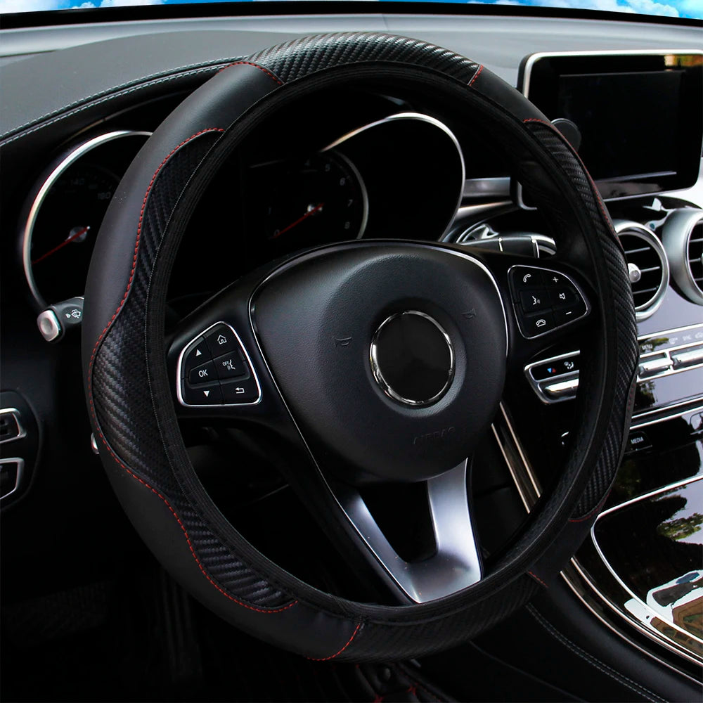 PU Carbon Fiber Leather Steering Wheel Cover – Universal 14.5–15 Inch Non-Slip Auto Interior Accessory