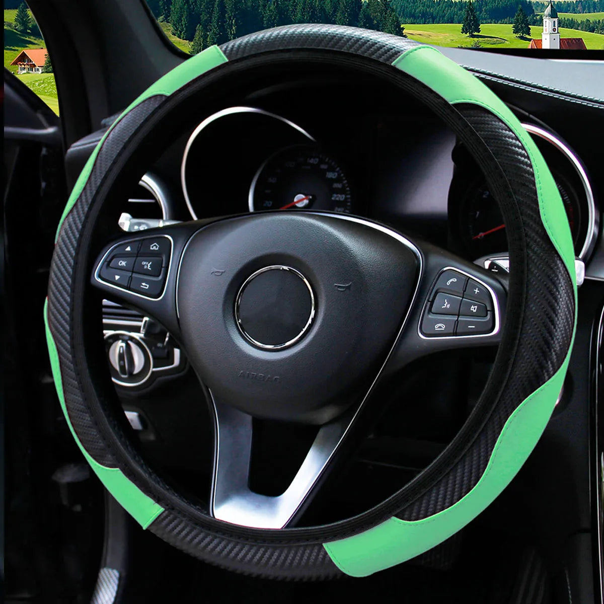 PU Carbon Fiber Leather Steering Wheel Cover – Universal 14.5–15 Inch Non-Slip Auto Interior Accessory