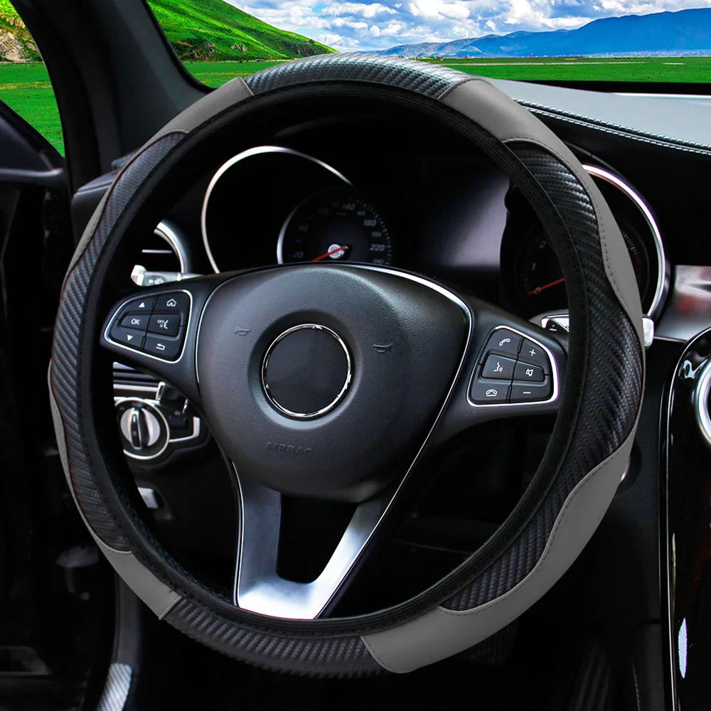 PU Carbon Fiber Leather Steering Wheel Cover – Universal 14.5–15 Inch Non-Slip Auto Interior Accessory