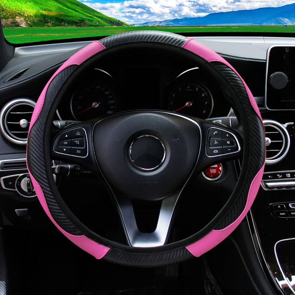 PU Carbon Fiber Leather Steering Wheel Cover – Universal 14.5–15 Inch Non-Slip Auto Interior Accessory