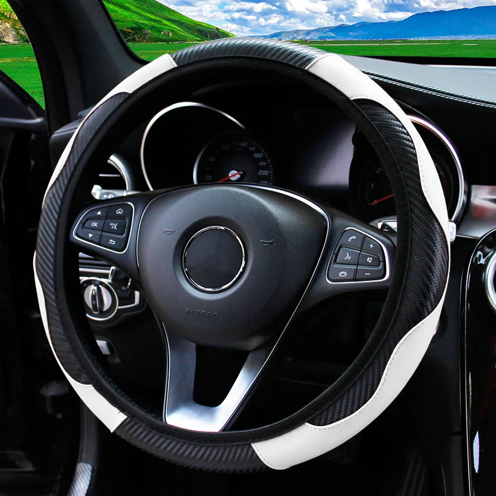 PU Carbon Fiber Leather Steering Wheel Cover – Universal 14.5–15 Inch Non-Slip Auto Interior Accessory