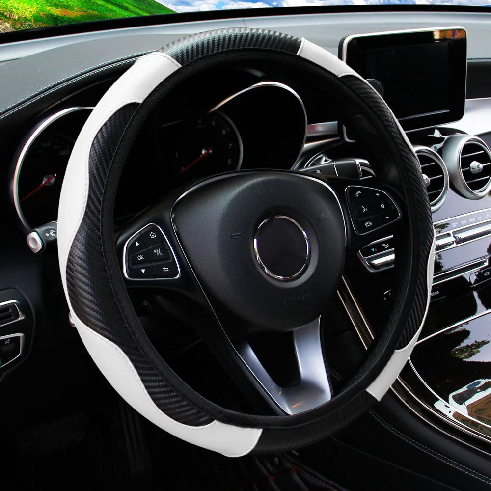 PU Carbon Fiber Leather Steering Wheel Cover – Universal 14.5–15 Inch Non-Slip Auto Interior Accessory
