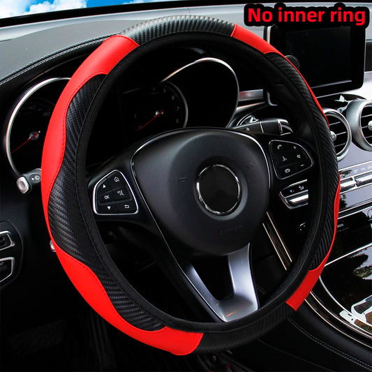 PU Carbon Fiber Leather Steering Wheel Cover – Universal 14.5–15 Inch Non-Slip Auto Interior Accessory